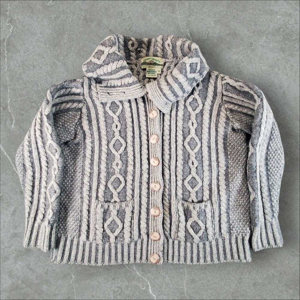 Aran Crafts Ireland Sweater Women Medium Gray Merino Wool Shawl Collar Cardigan